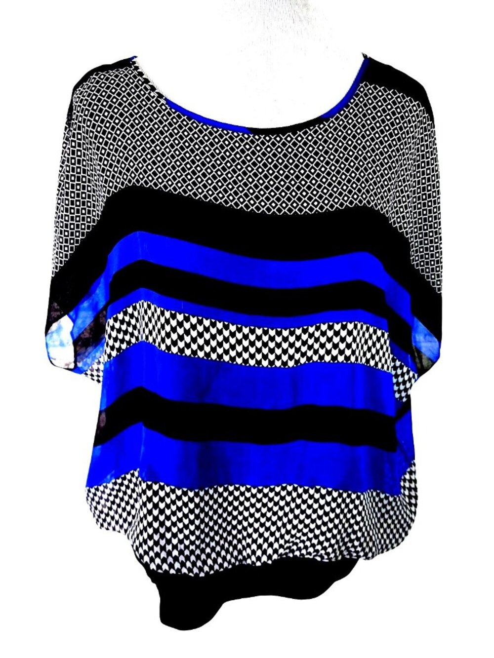 Alyx Women Top 1X Plus Sleeveless Blue Stripe Geometric Lined Casual Rayon Blend